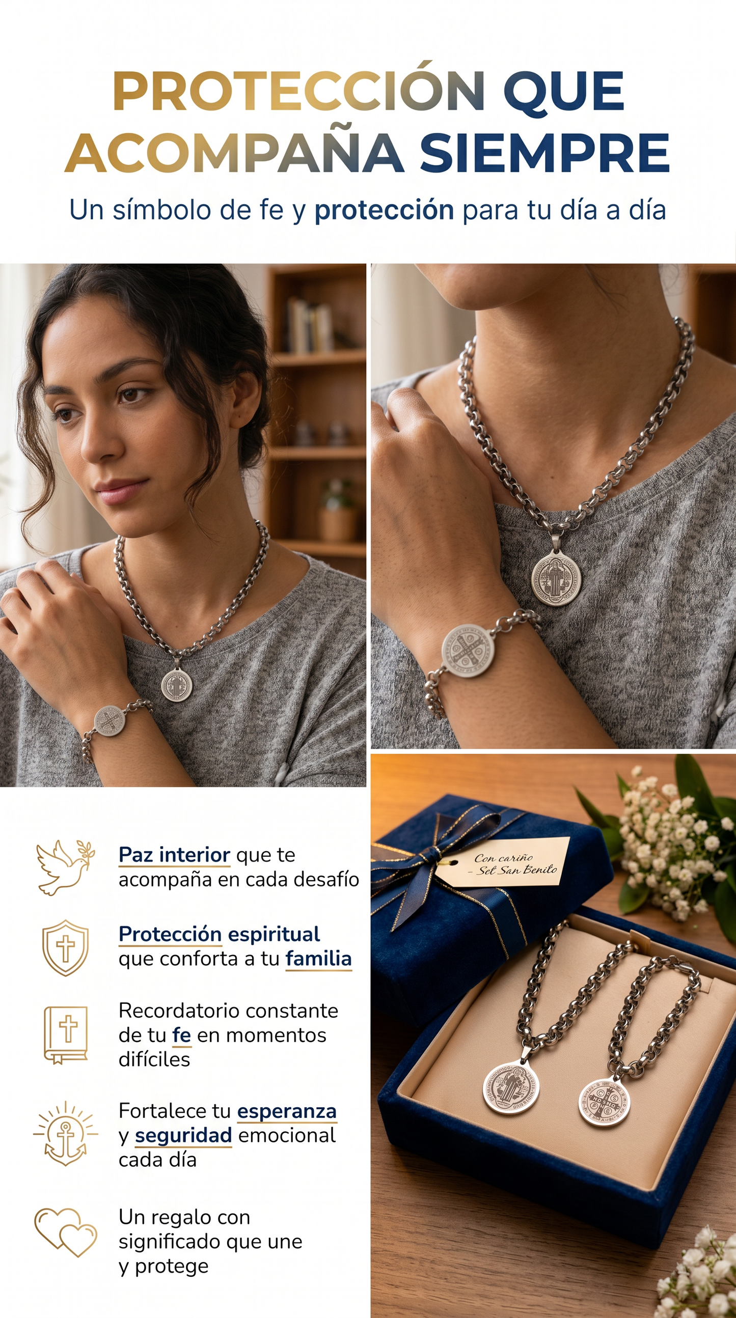 Set De Proteccion San Benito OFERTA SOLO HOY! CADENA + MANILLA + CAJA REGALO GRATIS